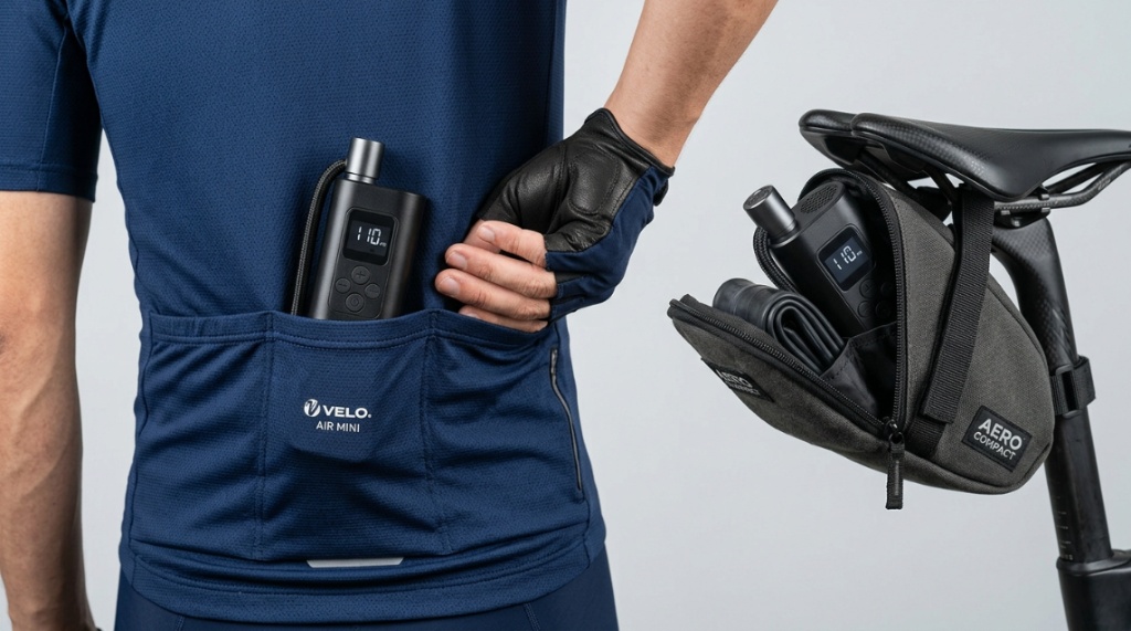 A small black electric bicycle pump fitting into a cyclist jersey pocket.