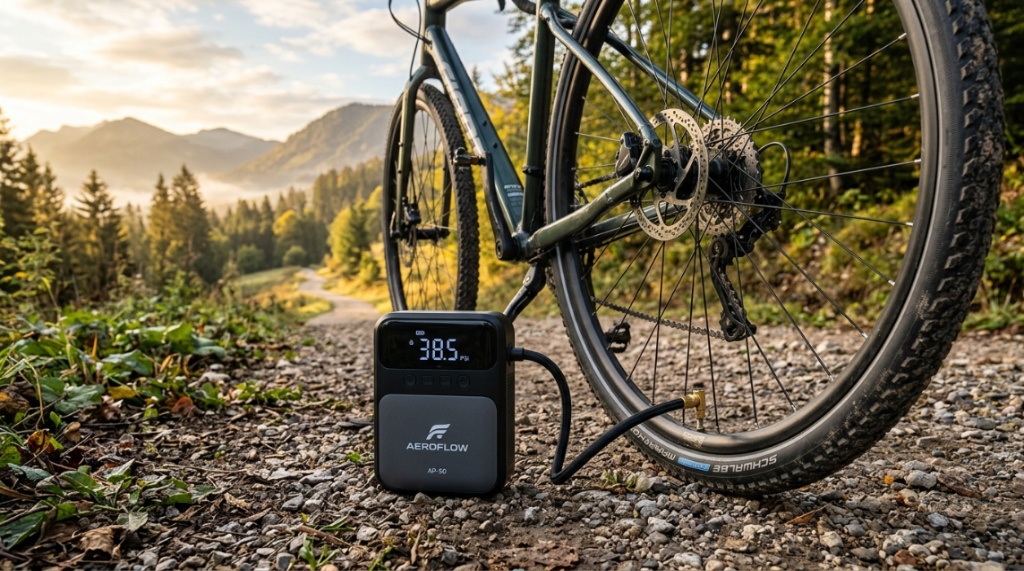 A compact electric bike inflator next to a bicycle tire on a trail.