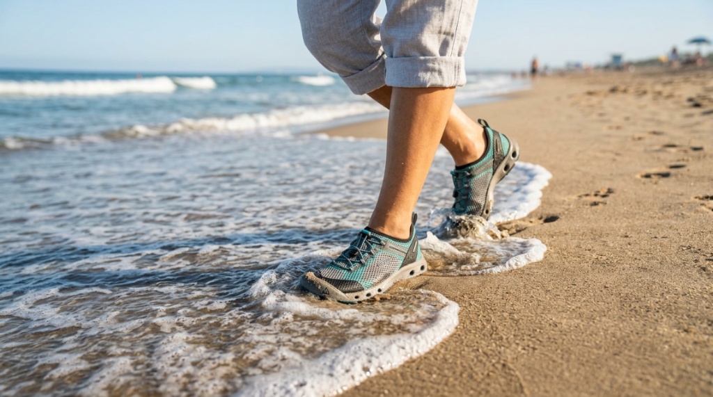 Lightweight quick dry water shoes walking along a sandy ocean shoreline.