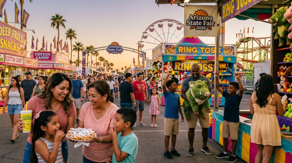 Families enjoying fair food and games at Arizona State Fair 2026
