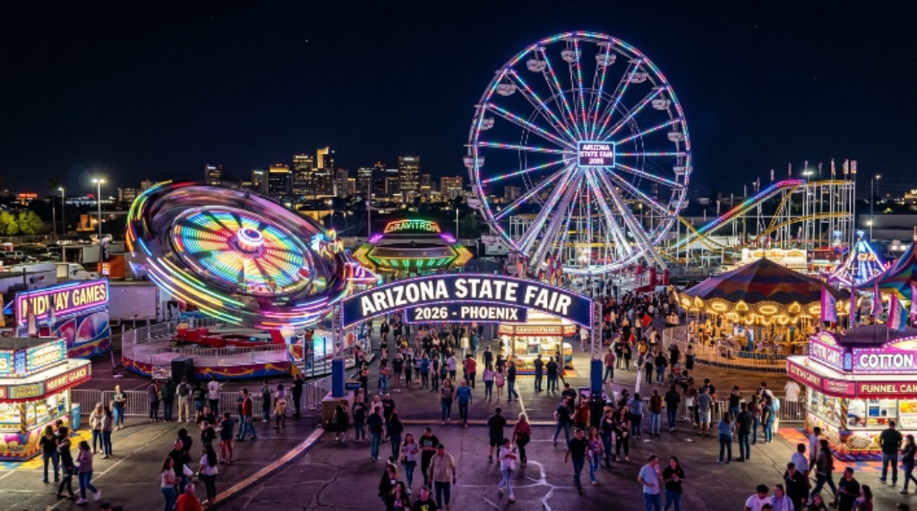 Arizona State Fair 2026 midway rides lit up at night in Phoenix