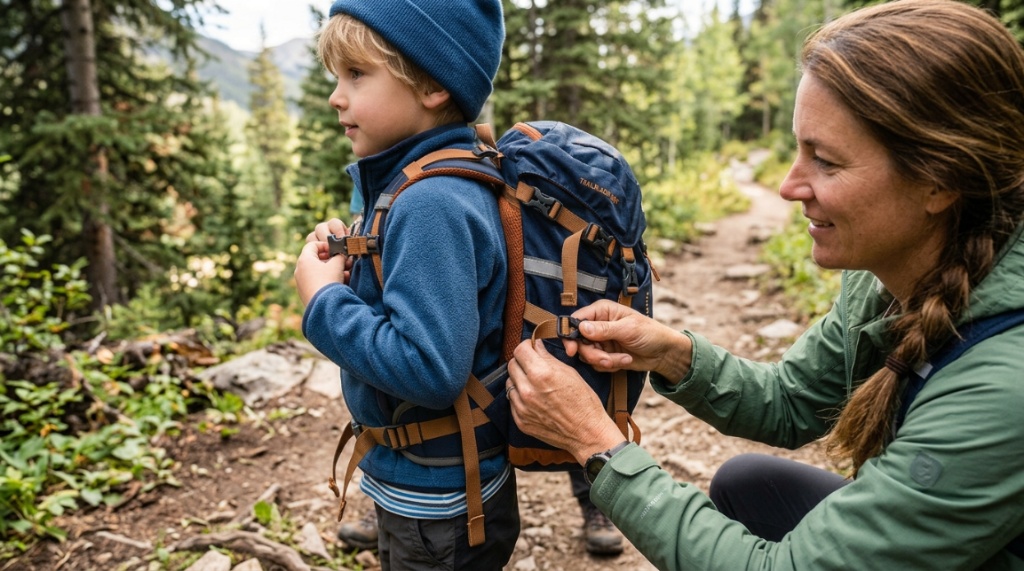Parent adjusting straps on a durable kids camping backpack outdoors.