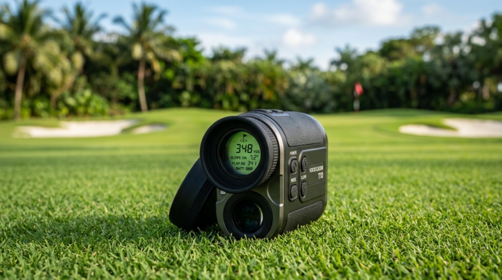 Close up of a modern golf rangefinder displaying yardage metrics.