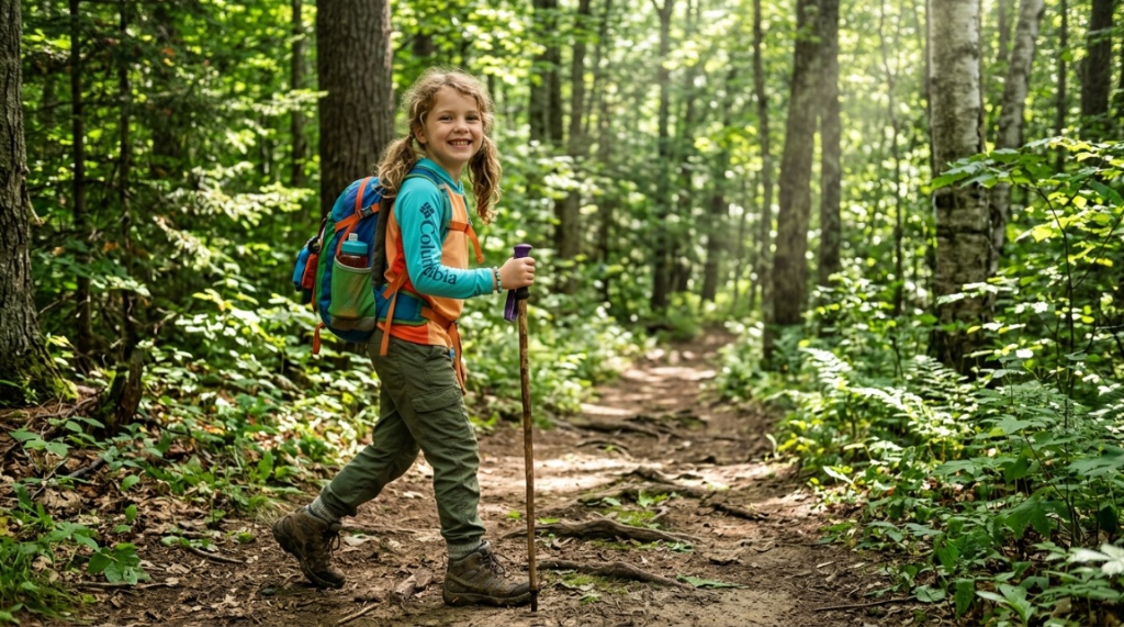 Child wearing a durable backpack while hiking a Michigan forest trail.