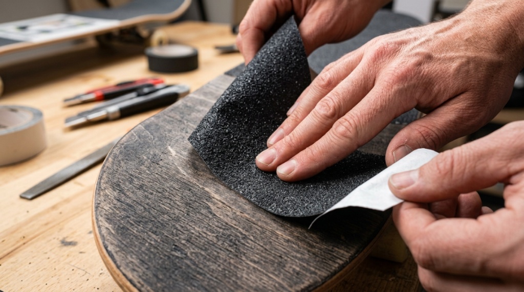Hands applying textured anti-slip grip tape to a skateboard deck.