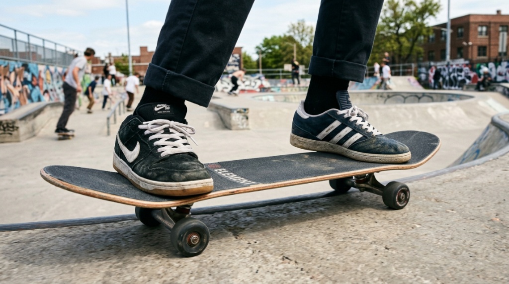 Athletic shoes standing securely on a skateboard grip tape surface.