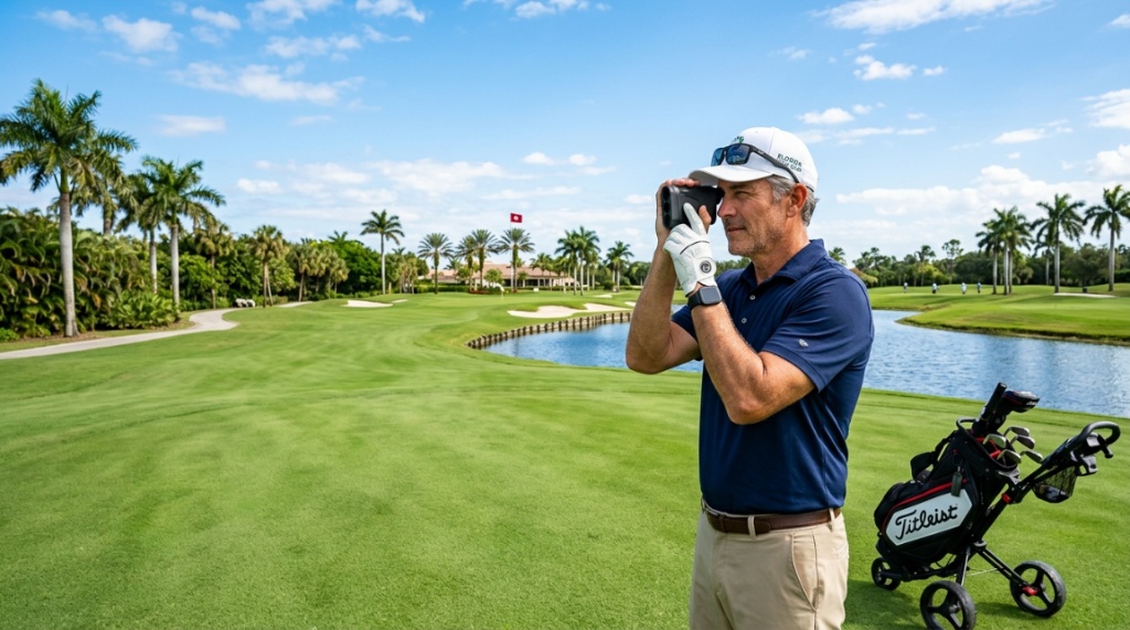 Golfer using a laser rangefinder on a sunny Florida course.