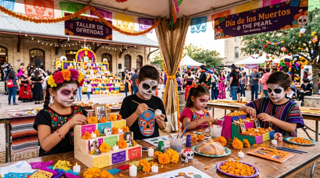 Children participating in an ofrenda-building workshop at The Pearl's Día de los Muertos festival in San Antonio Texas