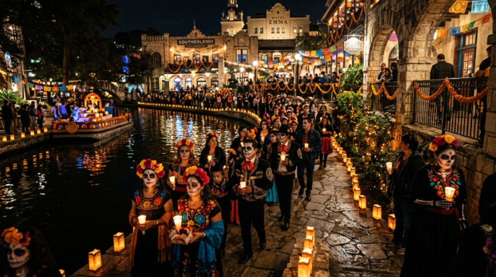 Visitors walking in a candlelight procession along the San Antonio River Walk during the Día de los Muertos celebration at The Pearl
