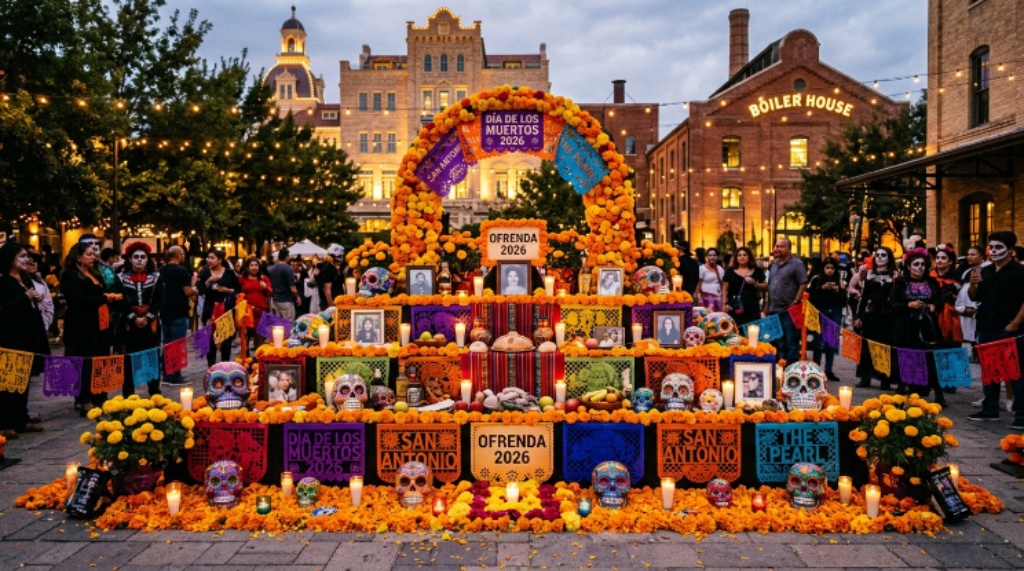 Colorful sugar skull altar decorated with marigolds and candles at The Pearl San Antonio during Día de los Muertos 2026