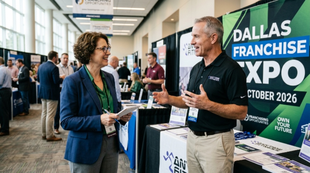 Entrepreneur speaking with franchise representative at the Dallas franchise expo October 2026