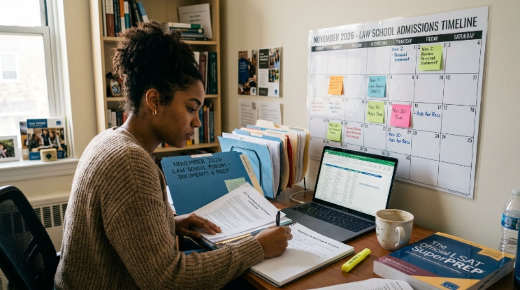Law school applicant reviewing documents and planning timeline for November 2026 forum