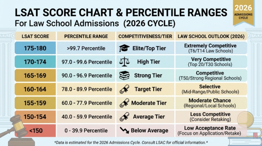 LSAT score chart showing percentile ranges for law school admissions in 2026