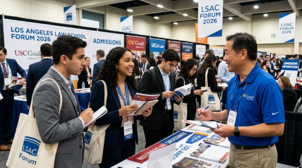 Prospective law students speaking with admissions representatives at the Los Angeles Law School Forum 2026