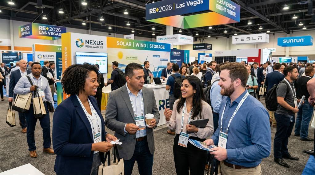 Clean energy professionals networking on the exhibit floor at RE+ 2026 Las Vegas