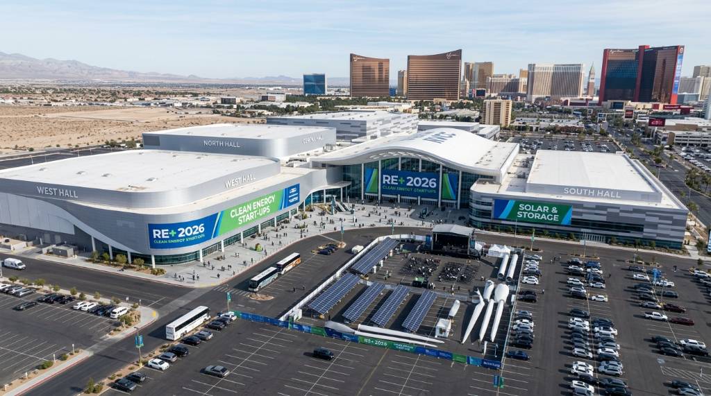 Aerial view of the Las Vegas Convention Center during RE+ 2026 clean energy event in November