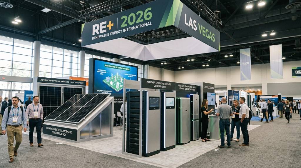 Solar panels and battery storage systems on display at the RE+ 2026 trade show in Las Vegas